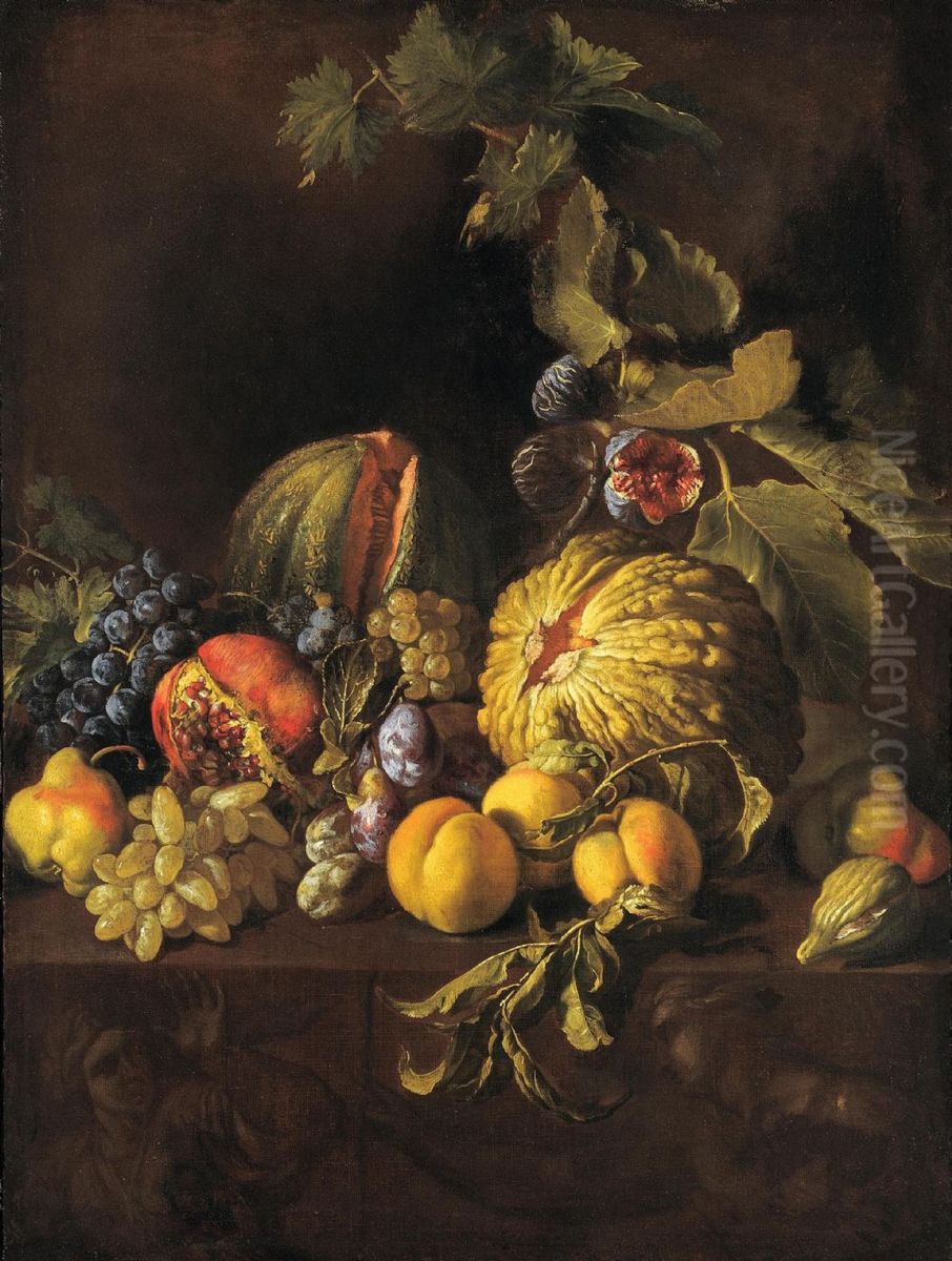 Still life with pumpkin, grapes and pears Oil Painting by Michelangelo Cerquozzi