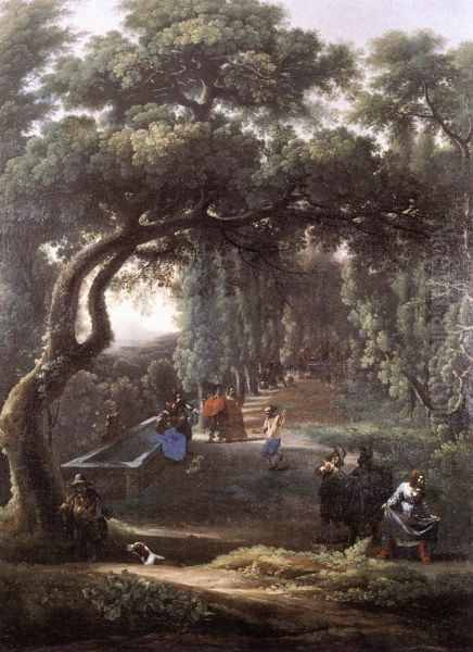 Figures in a Tree-lined Avenue Oil Painting by Michelangelo Cerquozzi