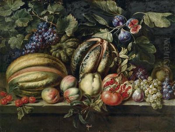 A still life of fruit with melons, grapes, figs, quinces, cherries, peaches and a pomegranate Oil Painting by Michelangelo Cerquozzi