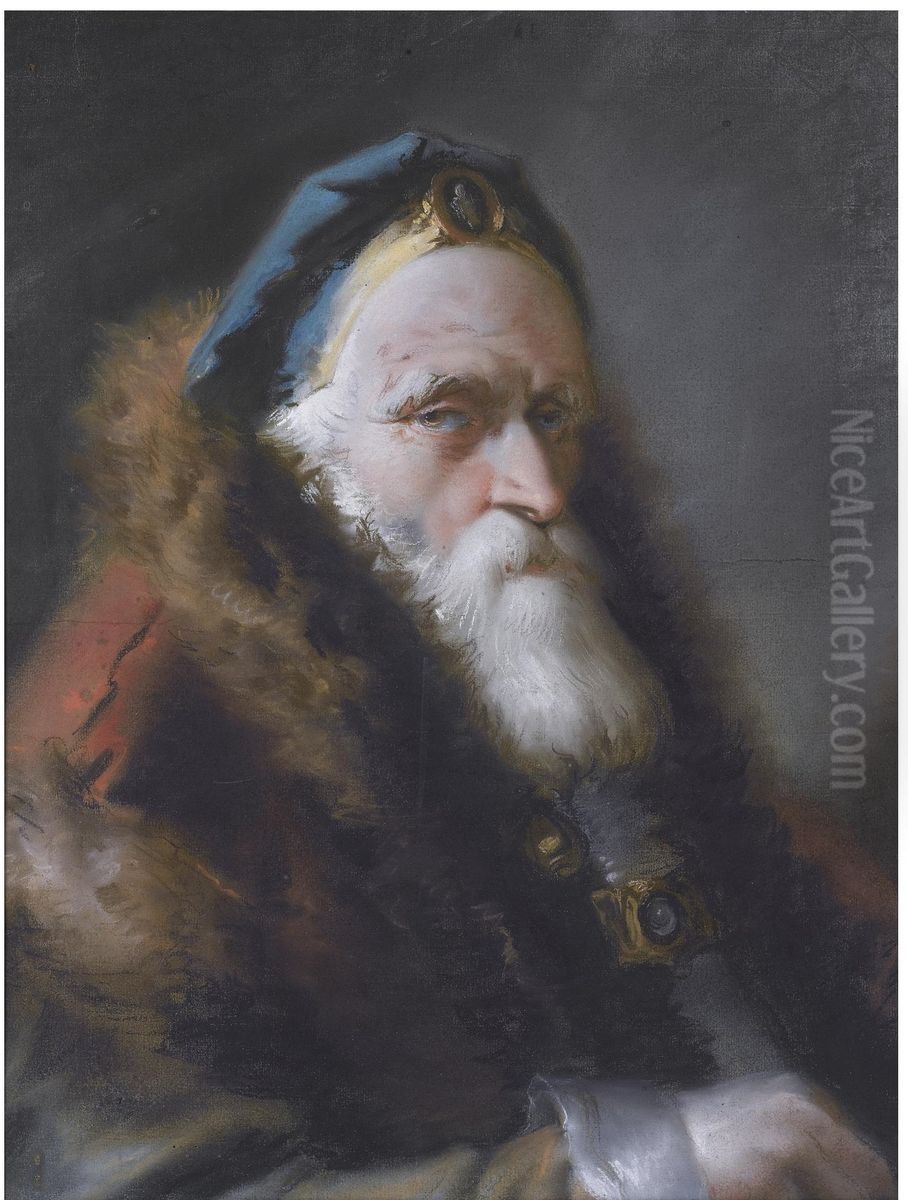 Portrait Of An Oriental Wearing A Bejewelled Blue Hat And A Red Fur-Trimmed Coat Oil Painting by Lorenzo Tiepolo