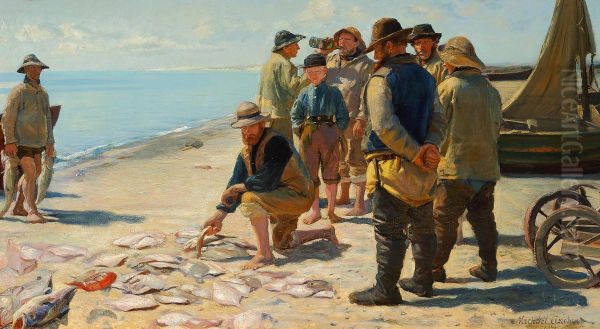Assessing the catch. Oil Painting by Michael Peter Ancher