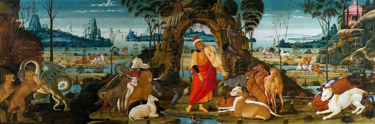 Orpheus playing among the animals, spaliera. Oil Painting by Jacopo da Sellaio