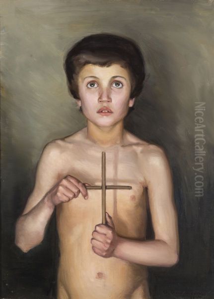 Boy Holding a Cross Oil Painting by Olga Gummerus-Ehrstrom