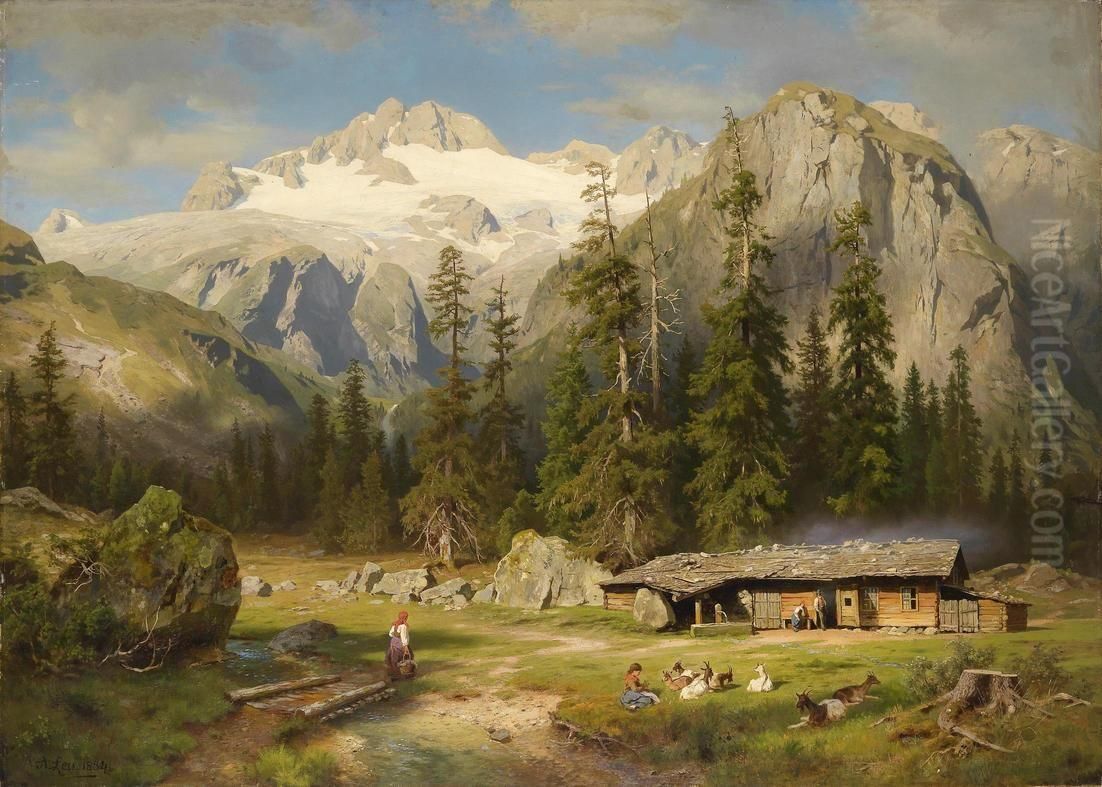 Alpine Farming Oil Painting by August Wilhelm Leu