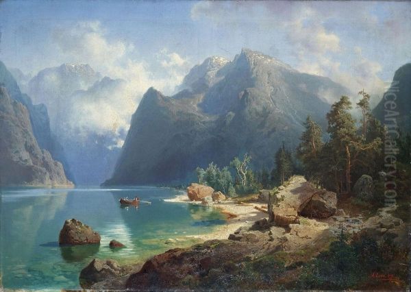 Norwegian fjord landscape Oil Painting by August Wilhelm Leu