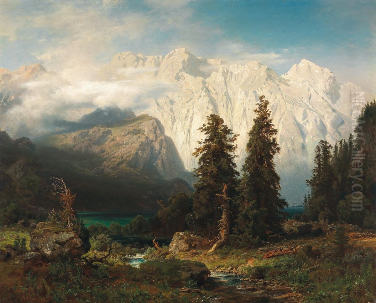 A View of the Watzmann Mountain and Lake Konigssee Oil Painting by August Wilhelm Leu