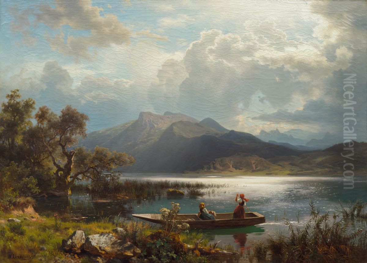 Shimmering mountain lake with girls in a boat Oil Painting by August Wilhelm Leu