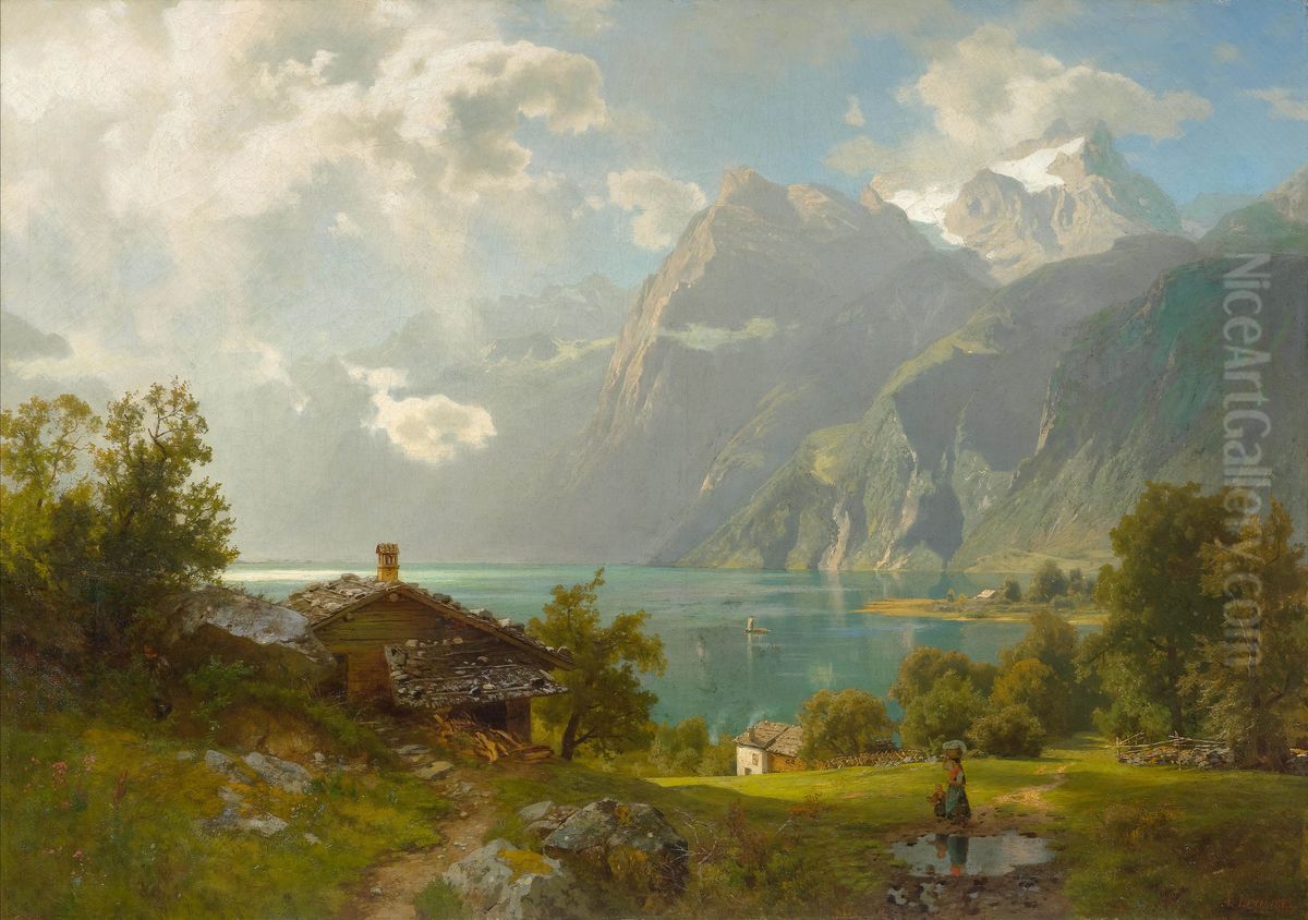 View at the Lake of Lucerne with washerwoman and child Oil Painting by August Wilhelm Leu