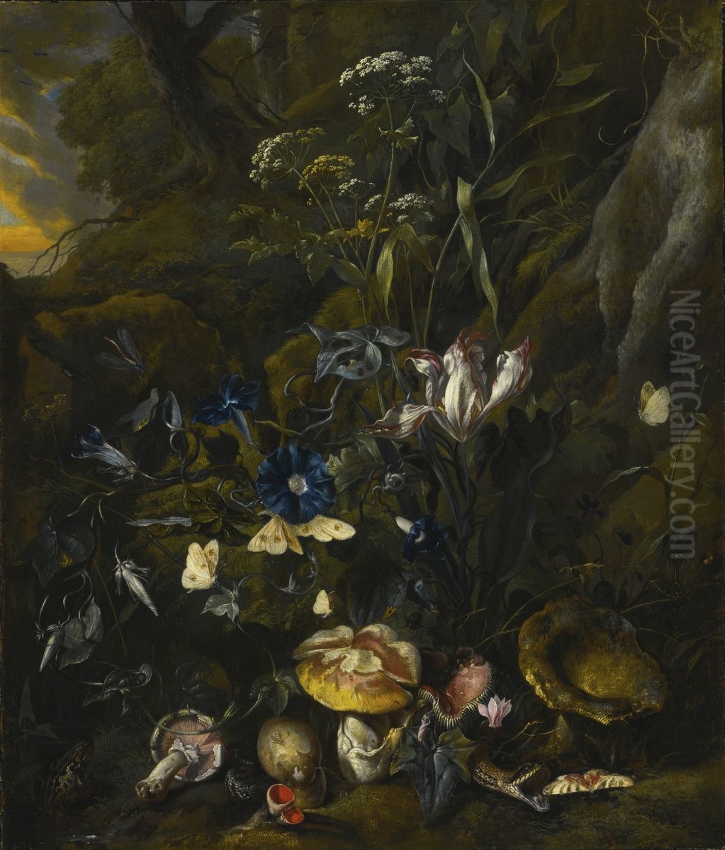 Forest floor still-life with flowers, mushrooms, butterflies, a snake, a frog, and a dragonfly Oil Painting by Otto Marseus van Schrieck