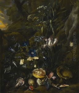 Forest floor still-life with flowers, mushrooms, butterflies, a snake, a frog, and a dragonfly