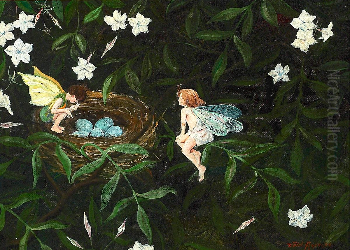 Two fairies keeping watch over a bird's nest. Oil Painting by Valdemar Andersen
