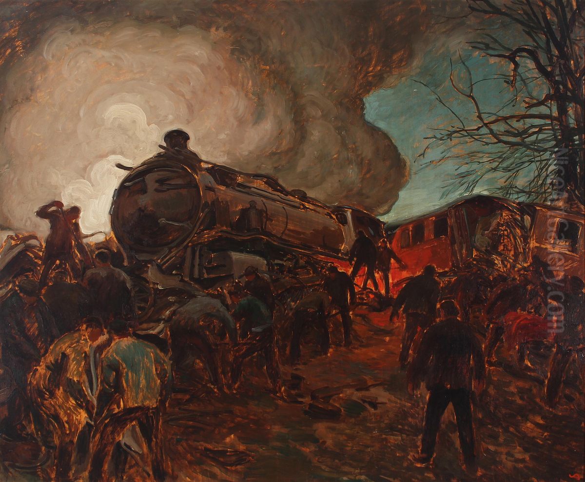 A railroad accident. Oil Painting by Valdemar Andersen