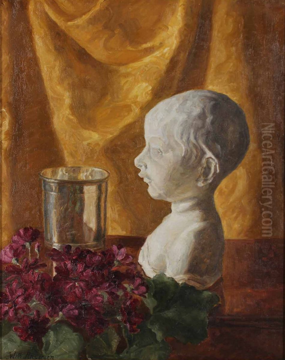 Opstilling med buste og blomster. Oil Painting by Wilhelm Andersen