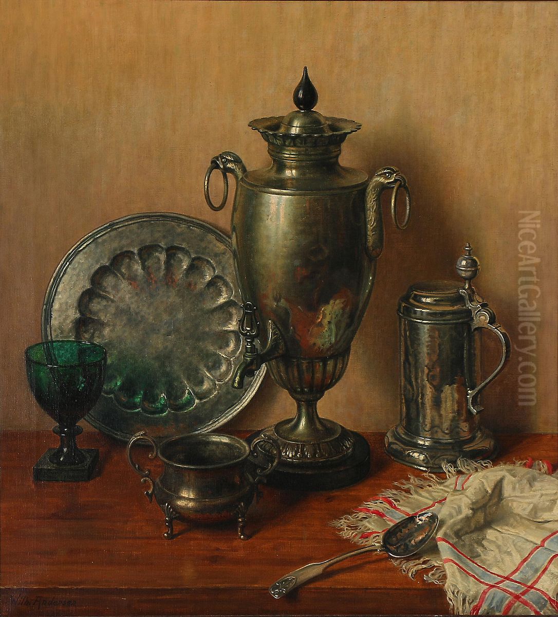 Still life with samovar and tableware in silver. Oil Painting by Wilhelm Andersen