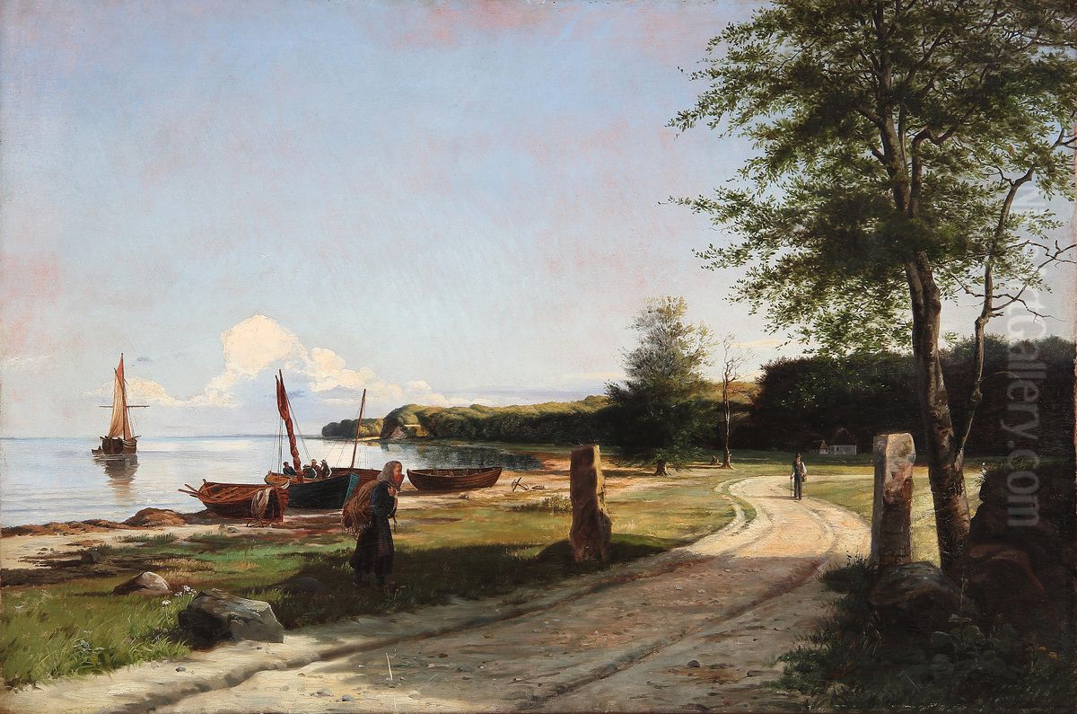 The coast of North Zealand with fishermen on the beach. Oil Painting by Anders Andersen-Lundby
