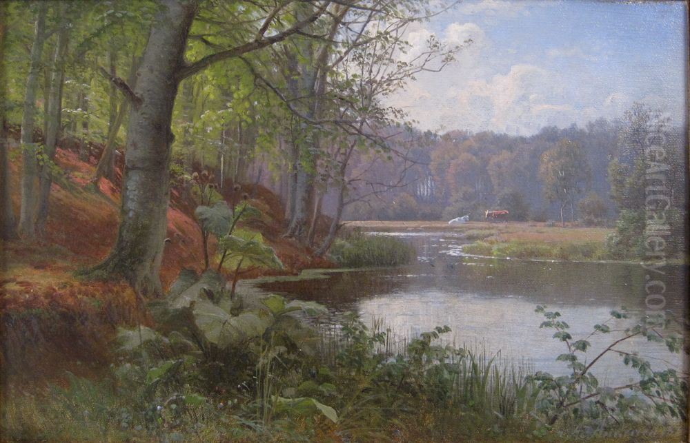 Landscape with beech trees, a river and some cows. Oil Painting by Anders Andersen-Lundby