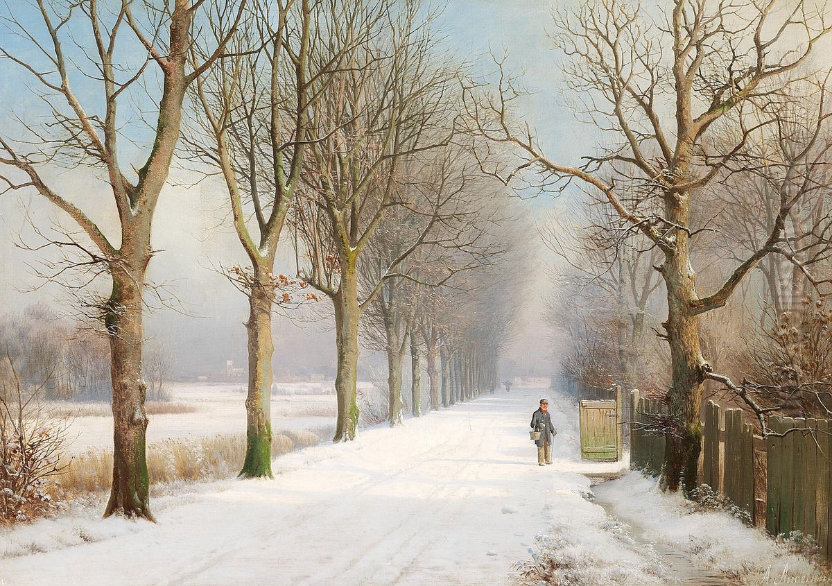 Mand pa en snedaekket alle. Oil Painting by Anders Andersen-Lundby