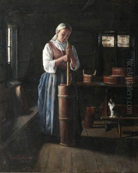 Peasant Girl and a Cat Oil Painting by Anna Sahlsten