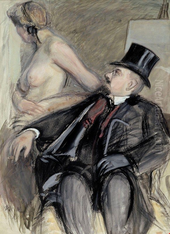 Arne Cederholm with a Model Oil Painting by Magnus Enckell