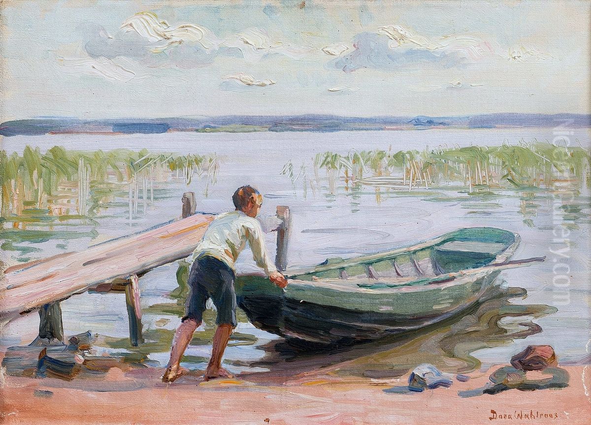 Poika ja Vene Rannalla Oil Painting by Dora Wahlroos