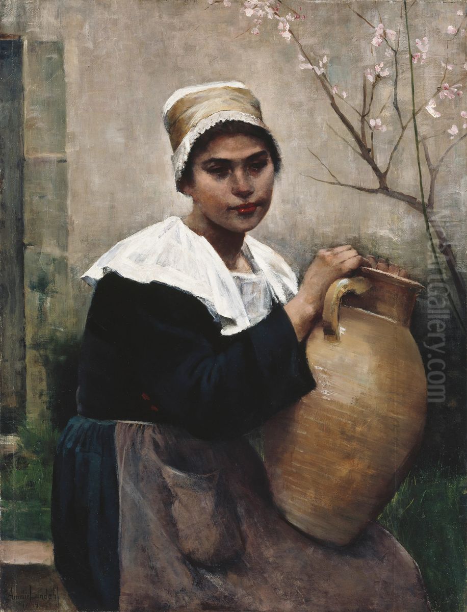Breton Girl Holding a Jar Oil Painting by Amelie Lundahl