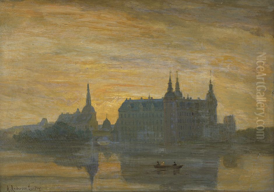 Frederiksborg slot i skumringen. Oil Painting by Anders Andersen-Lundby