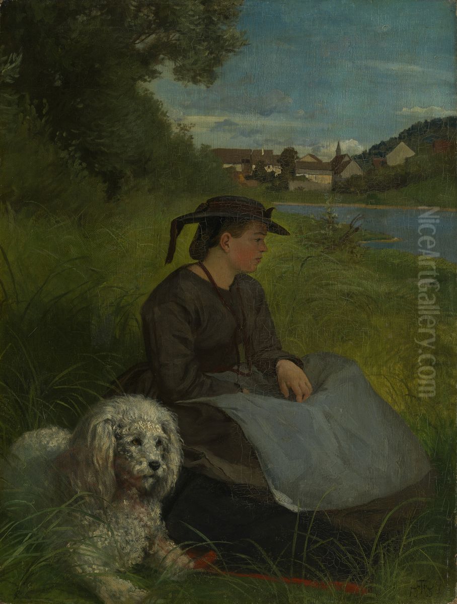 Agathe with a white dog Oil Painting by Hans Thoma