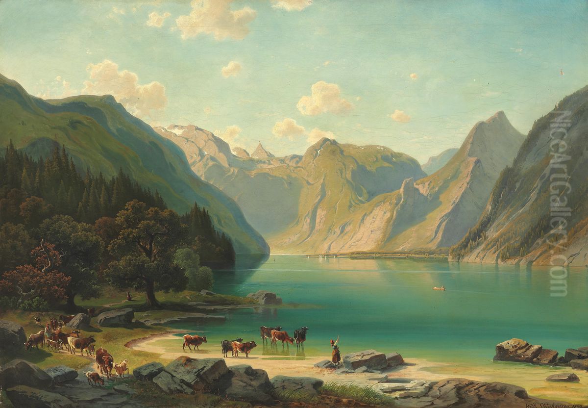 Alpine landscape, Watering  the  cows Oil Painting by Wilhelm Steinhausen