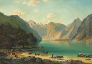 Alpine landscape, Watering  the  cows