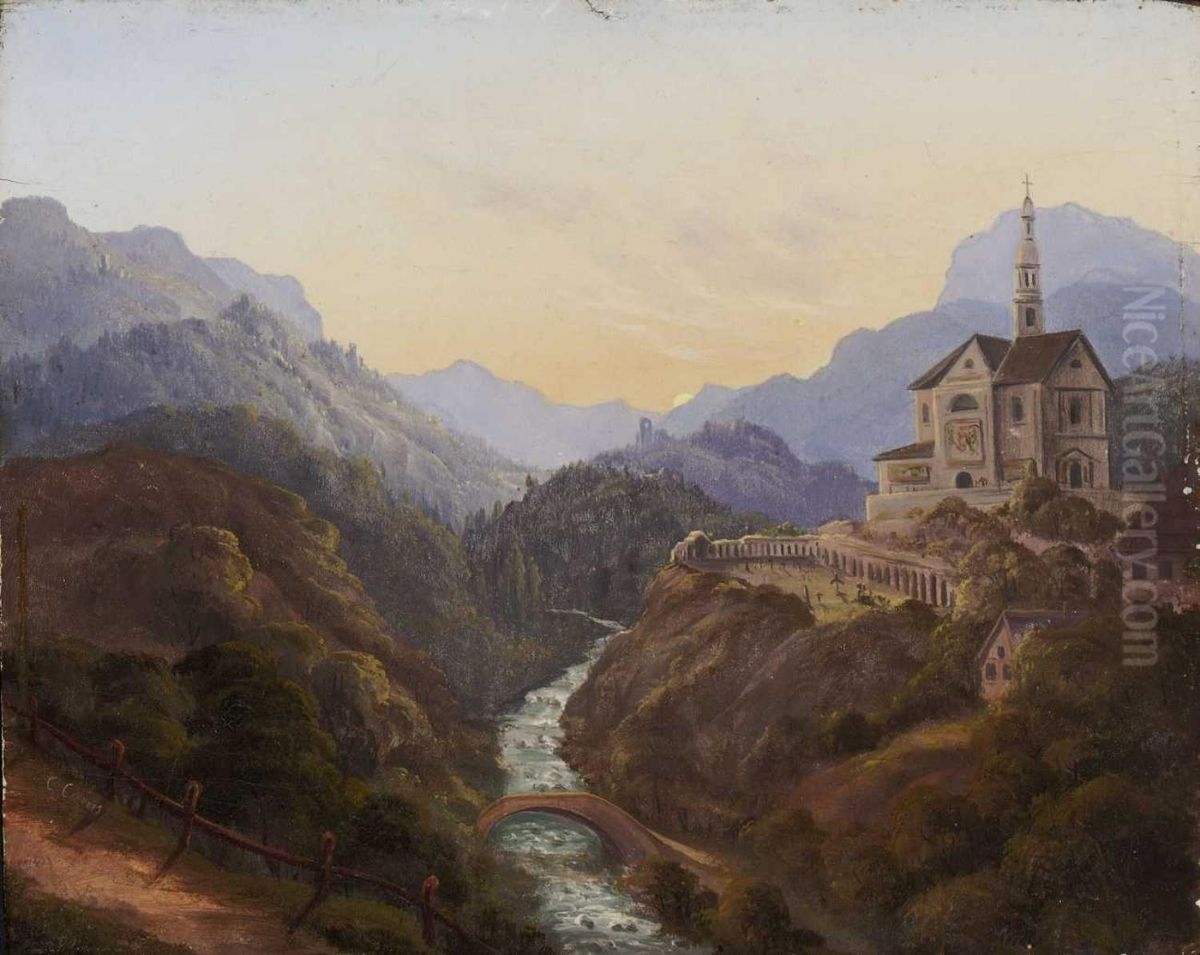 Mountainous landscape with a river valley and an abbey at evening light Oil Painting by Carl Gustav Carus