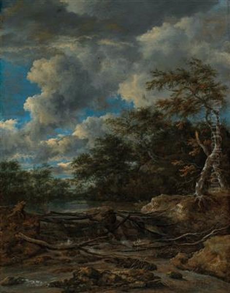 A wooded landscape with a waterfall Oil Painting by Jacob Van Ruisdael