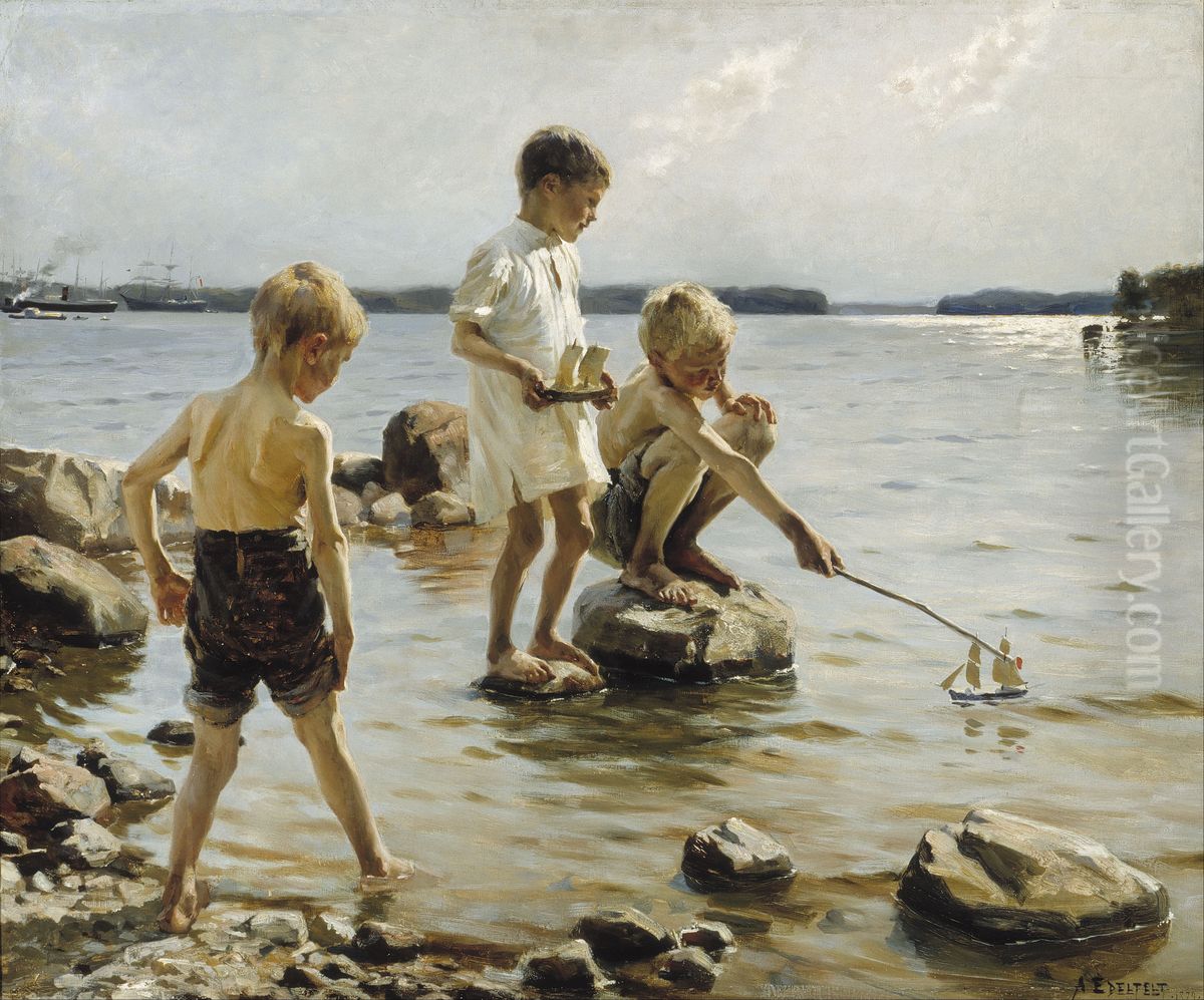 Boys Playing on the Shore / Children Playing on the Shore Oil Painting by Albert Edelfelt Boys Playing on the Shore / Children Playing on the Shore Oil Painting by Albert Edelfelt
