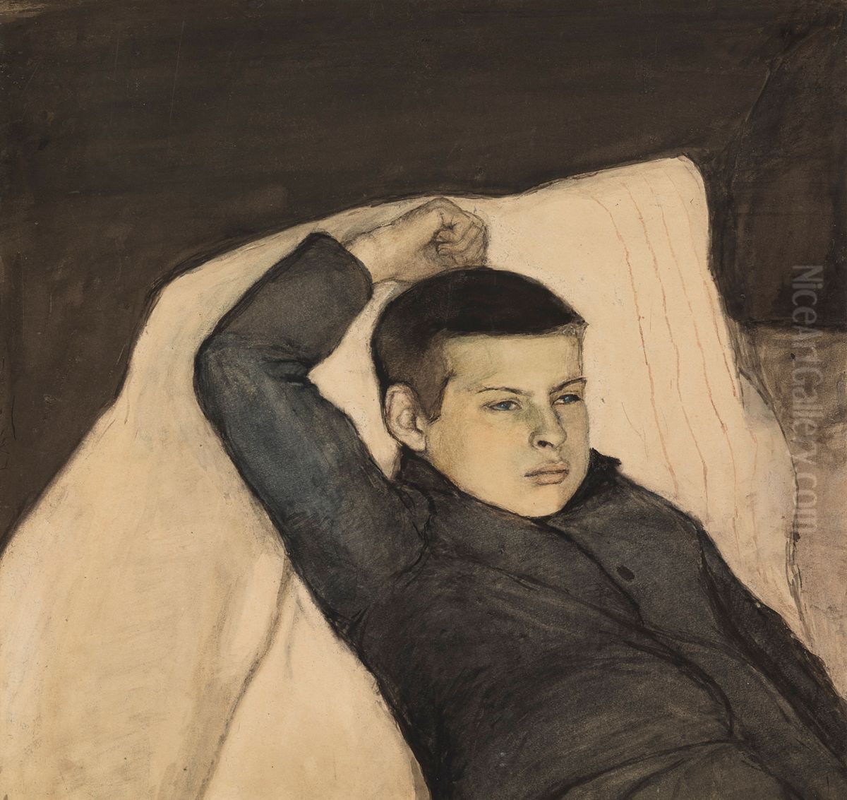 Liggande gosse ; Vilande gosse (Svart gosse) Oil Painting by Magnus Enckell