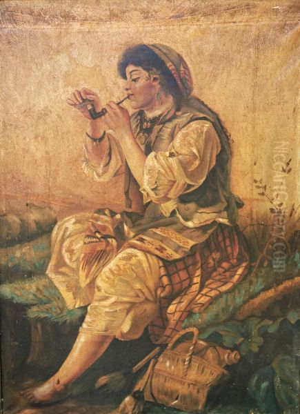 Pipara gyujto ciganylany Oil Painting by Gyorgy Vastagh