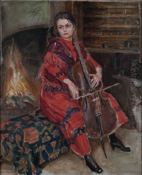 Kirsti Playing the Cello Oil Painting by Akseli Gallen-Kallela