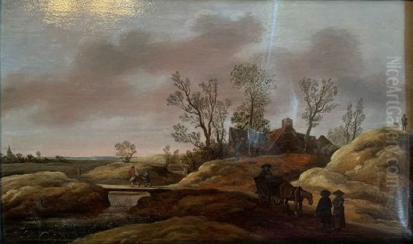 River Landscape with Figure Crossing a Bridge between Dunes Oil Painting by unknown