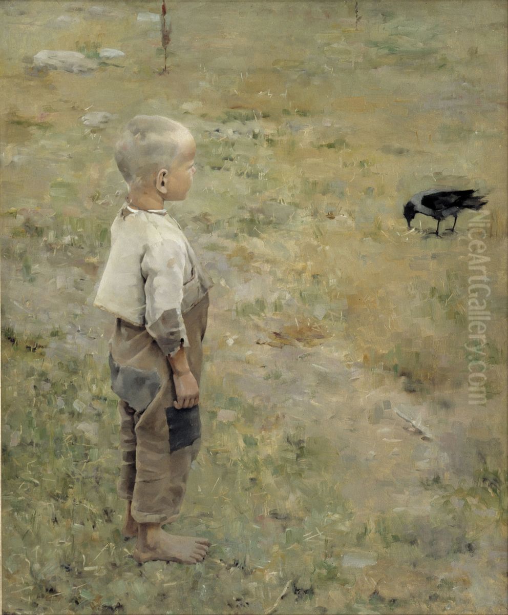 Boy with a Crow Oil Painting by Akseli Valdemar Gallen-Kallela