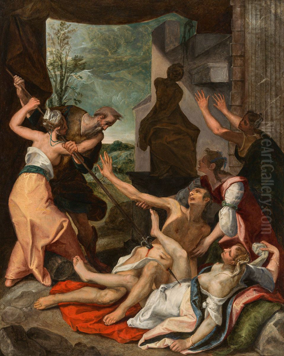 Phinehas slaying Zimri and Kozbi Oil Painting by Jeremias van Winghe