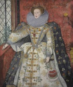 Portrait ofElizabeth I of Englandc. 1585-90, with an ermine, wearing the jewel called the Three Brothers, and holding an olive branch and a feather fan, standing in an interior.