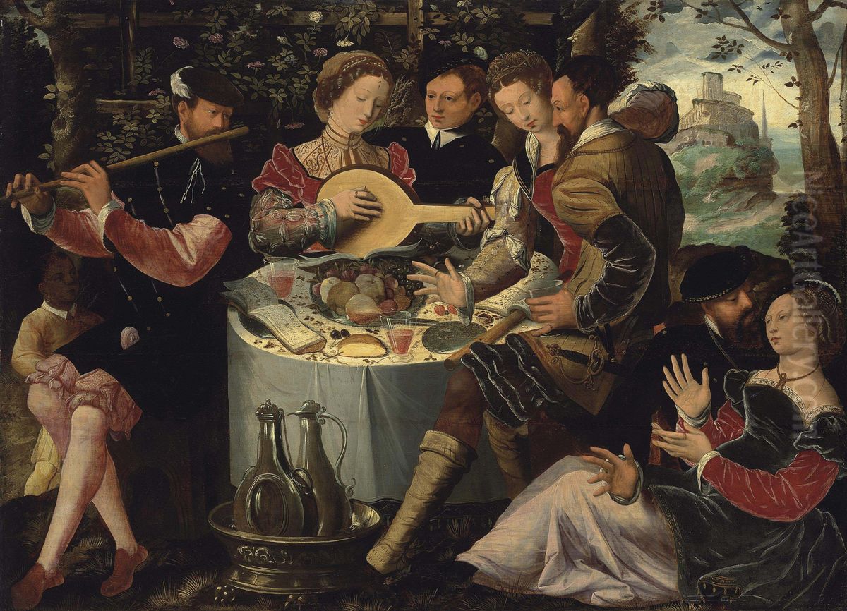 Elegant company with musicians seated at a table with fruit and wine, in a landscape Oil Painting by Ambrosius Benson