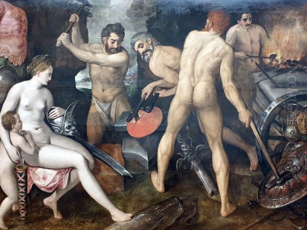 Venus and Cupid in the Forge of Vulcan Oil Painting by Frans Floris I