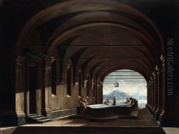 Architectural whim with women at the fountain Oil Painting by Niccolo Codazzi