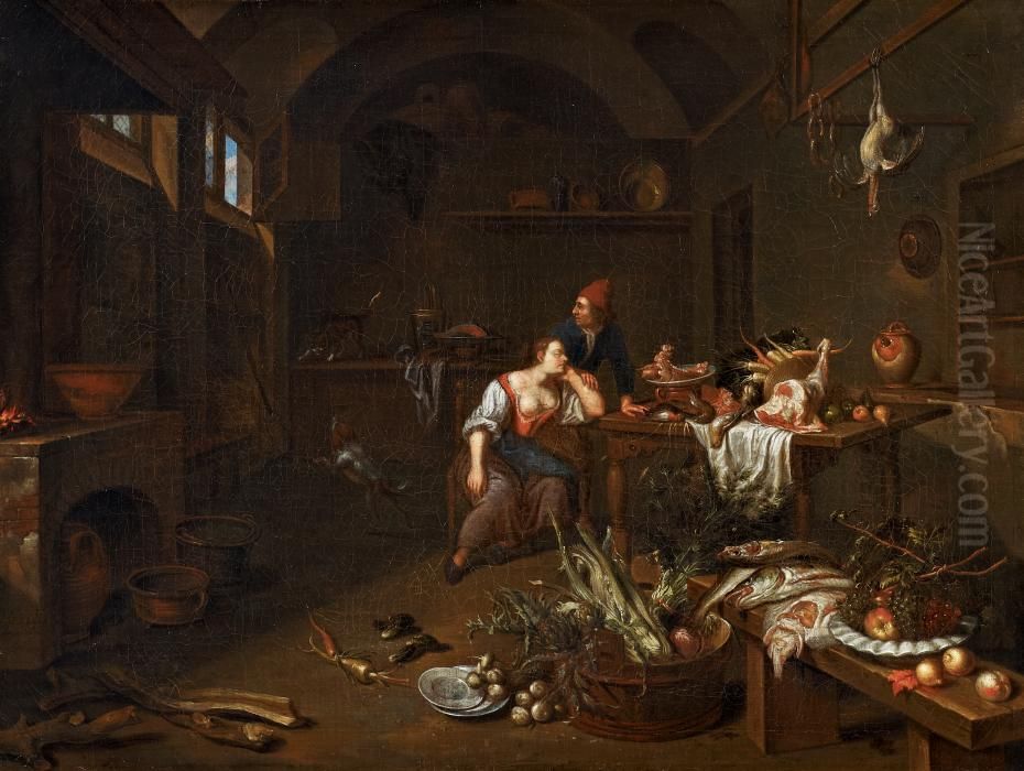 Kitchen interior with a sleeping maid Oil Painting by Jan Van Buken