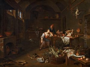 Kitchen interior with a sleeping maid
