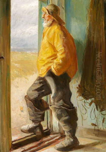 A fisherman of Skagen standing at a door. Oil Painting by Michael Peter Ancher