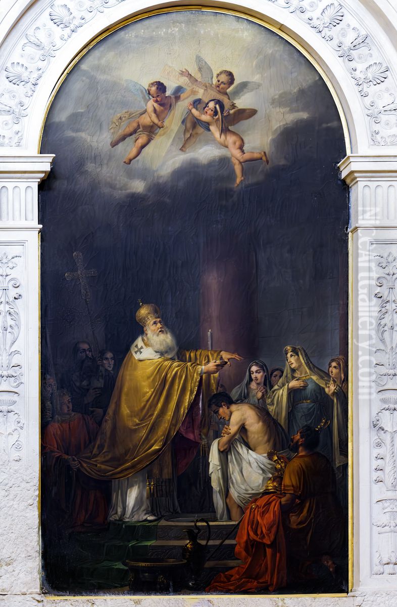 San Silvestro, Venice -Baptism of Constantine Oil Painting by Sebastiano Santi
