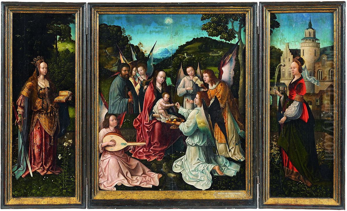 The Holy Family with Angels, St Catherine and St Barbara Oil Painting by Master of Hoogstraeten