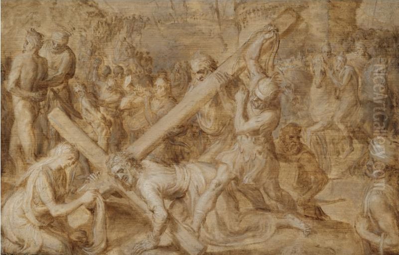 Christ carrying the cross, with saint Veronica and her veil Oil Painting by Chrispijn van den Broeck