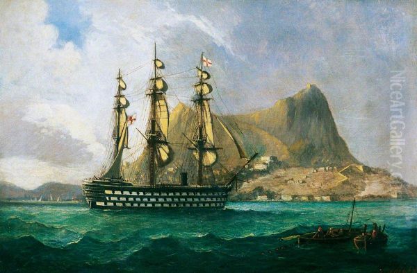 HMS 'Marlborough' off Gibraltar Oil Painting by Henry J. Morgan