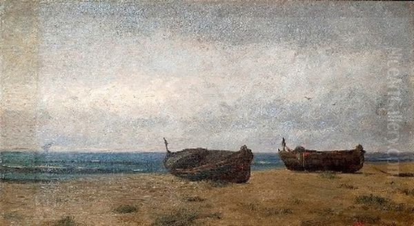 Barques a la platja Oil Painting by Modest Urgell